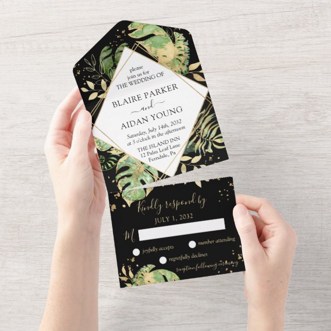 Elegant Tropical Botanical Black & Gold Wedding All In One Invitation (Tearaway)