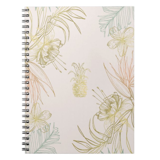 Elegant Tropical Botanical Floral Leaves Gold Notebook (Front)