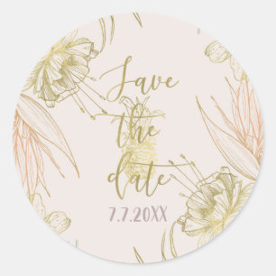 Elegant Tropical Botanical Floral Save the Date Classic Round Sticker