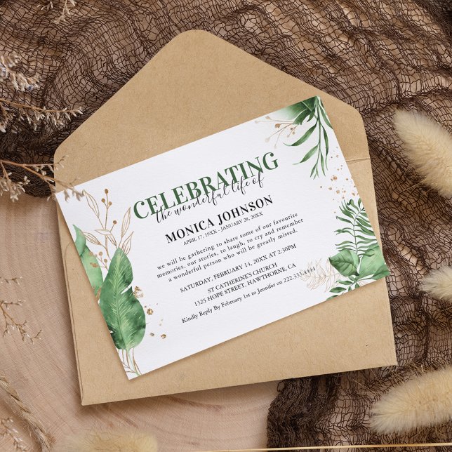 Elegant Tropical Botanical Greenery & Gold Funeral Invitation (Creator Uploaded)