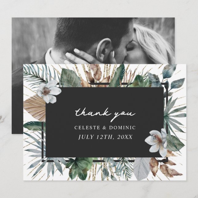 Elegant Tropical Botanical Wedding Photo Thank You Card (Front/Back)