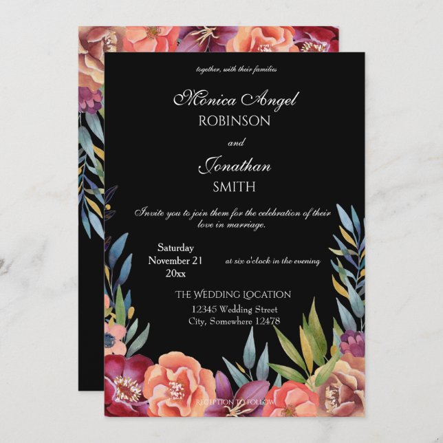 Elegant Tropical Burgundy & Blush Black Wedding V2 Invitation (Front/Back)