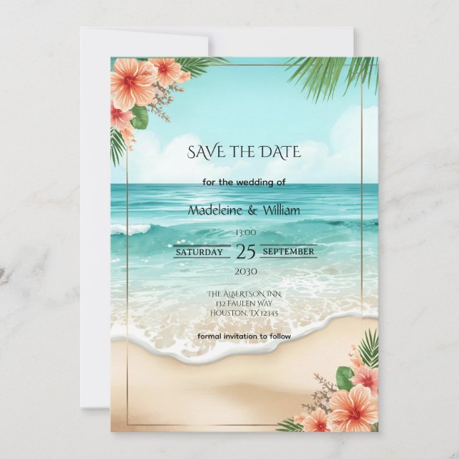 Elegant Tropical Coastal Hawaiian Beach Wedding Save The Date (Front)