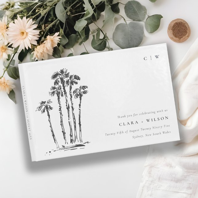 Elegant Tropical Coastal Palm Tree Sketch Wedding Guest Book (Creator Uploaded)