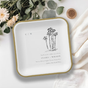 Elegant Tropical Coastal Palm Tree Sketch Wedding Paper Plate