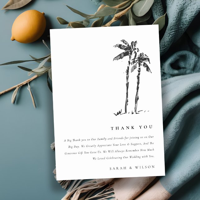 Elegant Tropical Coastal Palm Tree Sketch Wedding Thank You Card (Creator Uploaded)