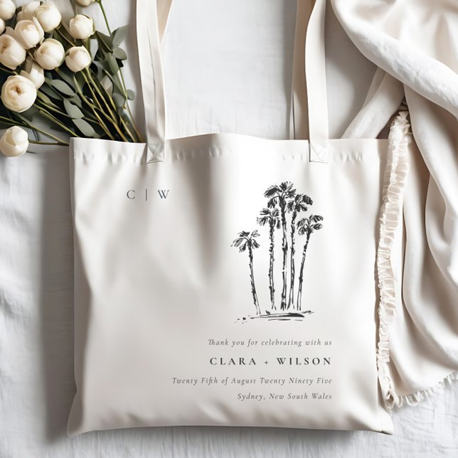 Elegant Tropical Coastal Palm Tree Sketch Wedding Tote Bag (Creator Uploaded)