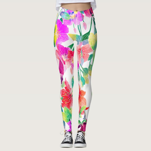Elegant Tropical Colourful Flowers Leggings (Front)