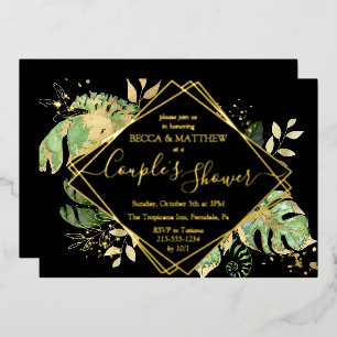 Elegant Tropical Couple's Shower Black & Gold Foil
