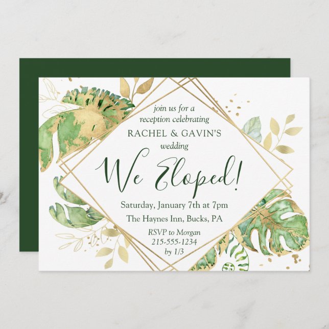 Elegant Tropical Elopement Wedding Reception Invitation (Front/Back)