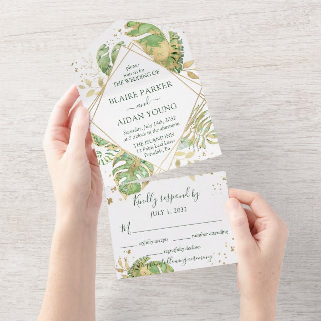 Elegant Tropical Emerald Green & Gold Wedding All In One Invitation (Tearaway)