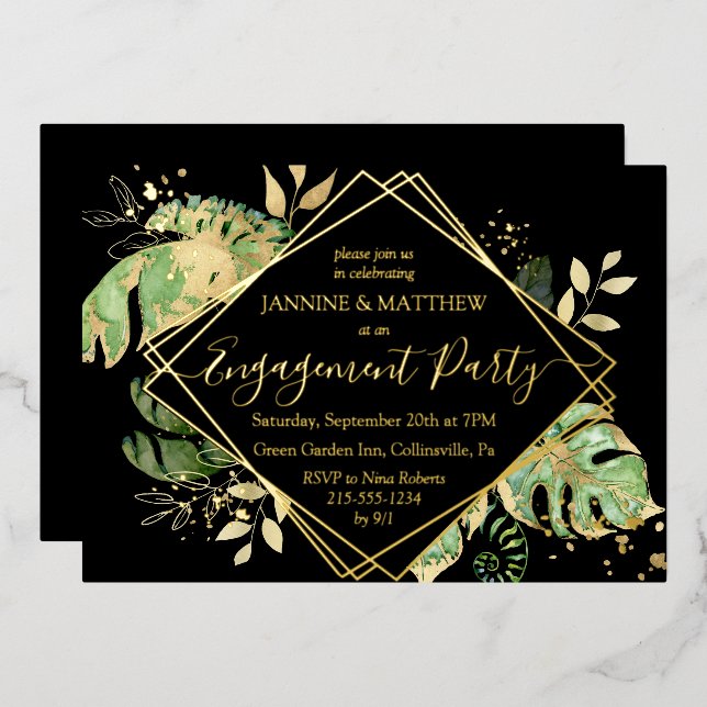  Elegant Tropical Engagement Party Black & Gold (Front/Back)