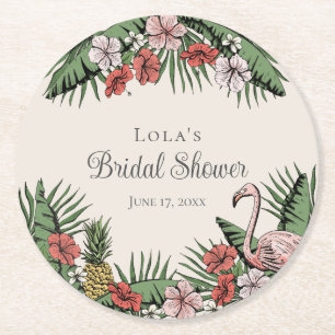 Elegant Tropical Flamingo & Hibiscus Bridal Shower Round Paper Coaster