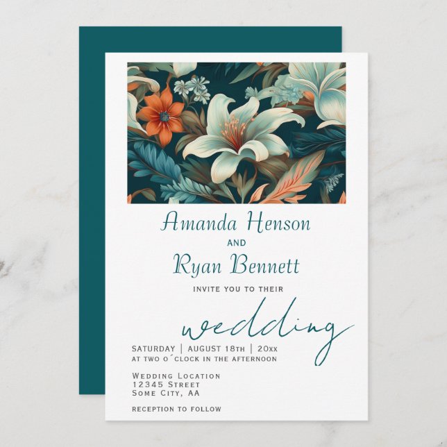 Elegant Tropical Floral Botanical Design Wedding Invitation (Front/Back)