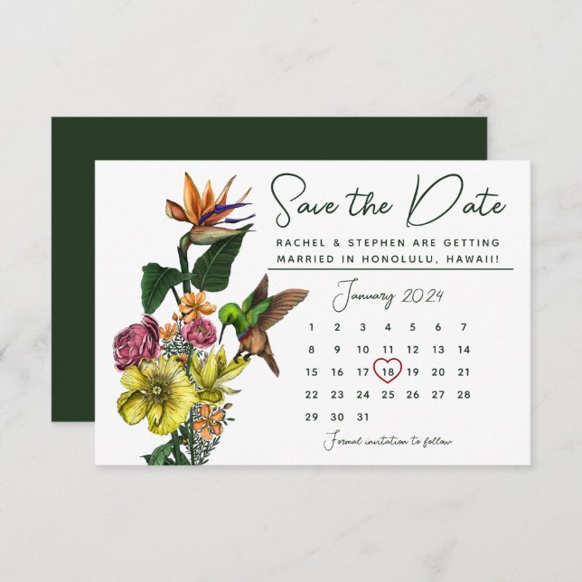 Elegant Tropical Floral Calendar Save the Date (Front/Back)