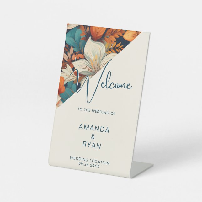 Elegant Tropical Floral Flower Pattern Wedding  Pedestal Sign (Front)