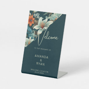 Elegant Tropical Floral Flower Pattern Wedding Pedestal Sign