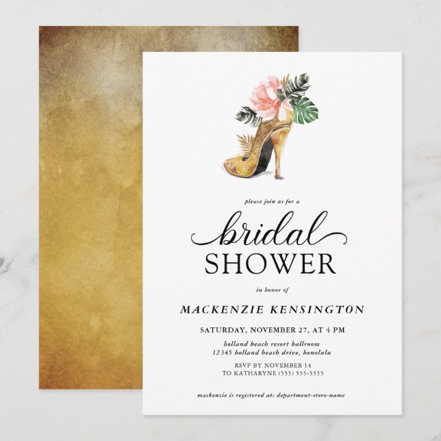 Elegant Tropical Floral Gold Heels Bridal Shower Invitation (Front/Back)