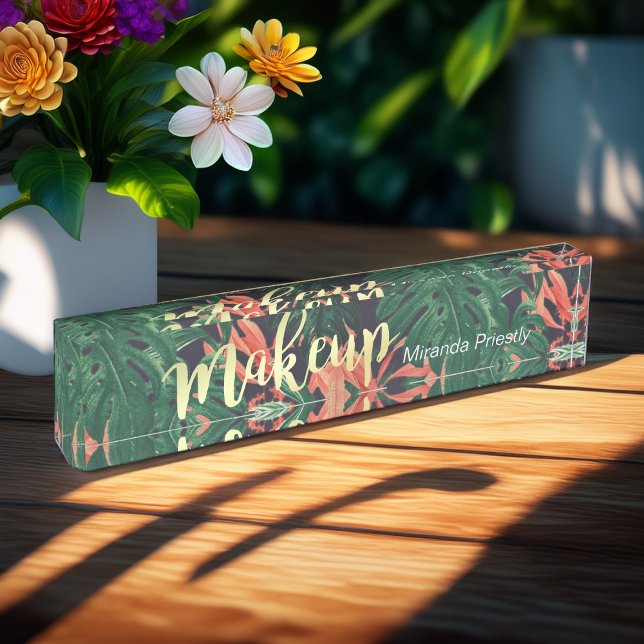 Elegant Tropical Floral Gold Script Makeup Salon Nameplate (Creator Uploaded)