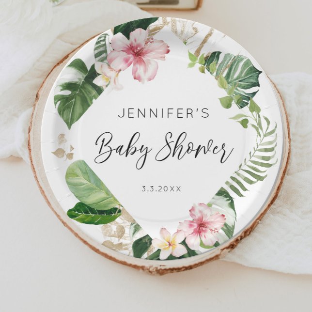 Elegant tropical floral hibiscus baby shower paper plate (Creator Uploaded)