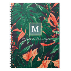 Elegant Tropical Floral Modern Gold Frame Monogram Notebook