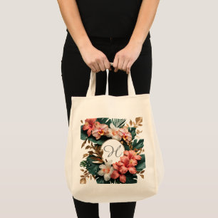Elegant Tropical Floral Monogram Grocery Shopping  Tote Bag