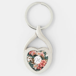 Elegant Tropical Floral Monogram Heart Keychain