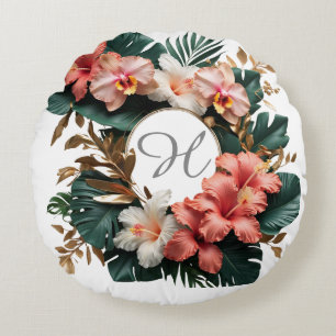 Elegant Tropical Floral Monogram Round Pillow