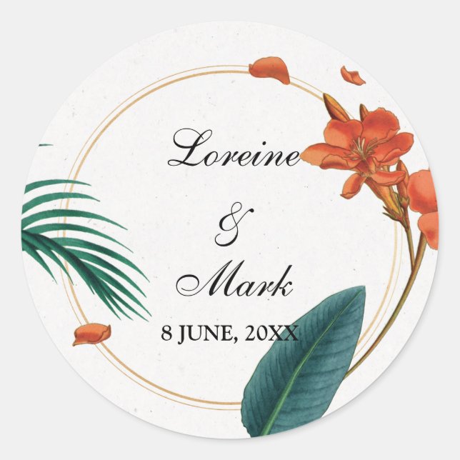 Elegant Tropical Floral Wedding Classic Round Sticker (Front)