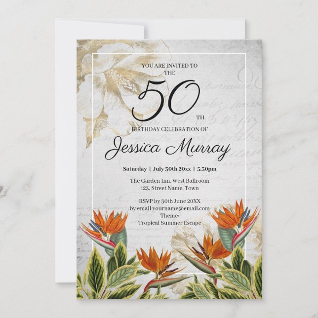 Elegant Tropical Flower 50th Birthday Invitation (Front)