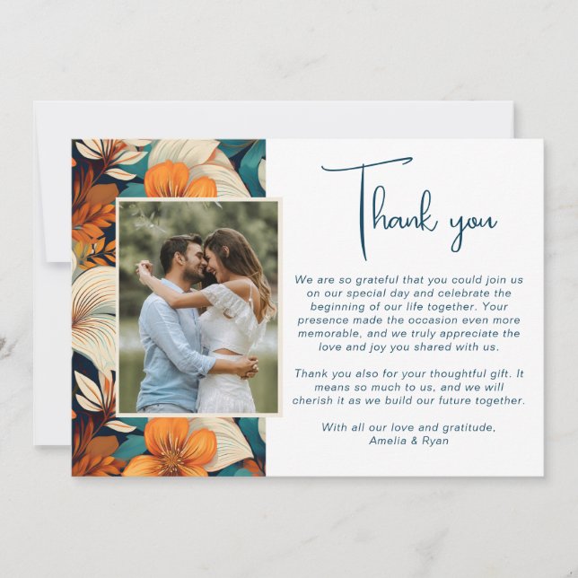 Elegant Tropical Flower Floral Wedding Photo Thank You Card (Front)