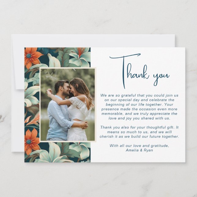 Elegant Tropical Flower Floral Wedding Photo Thank You Card (Front)