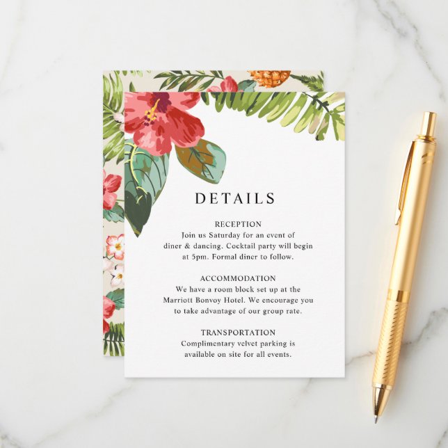 Elegant Tropical Flower Greenery Wedding Details Enclosure Card (Front/Back In Situ)