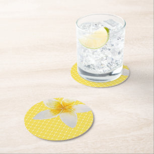Elegant Tropical Flower & Trellis Pattern Yellow Round Paper Coaster