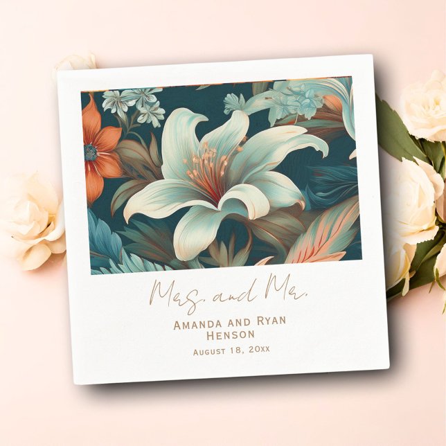 Elegant Tropical Flowers Mrs Mr Floral Wedding Napkin (Creator Uploaded)