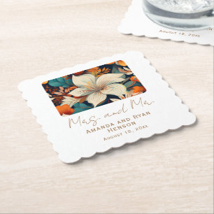 Elegant Tropical Flowers Mrs Mr Floral Wedding Paper Coaster