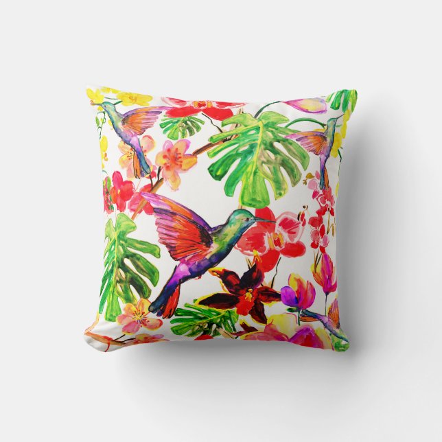 Elegant Tropical Flowers Orchid And Birds Cushion (Front)