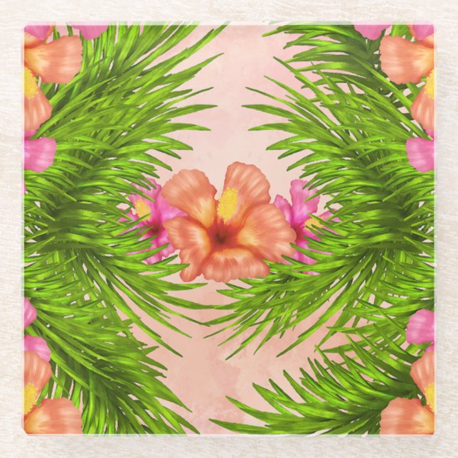 Elegant Tropical Flowers Pink Floral Green Leaves Glass Coaster (Front)