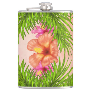 Elegant Tropical Flowers Pink Floral Green Leaves Hip Flask