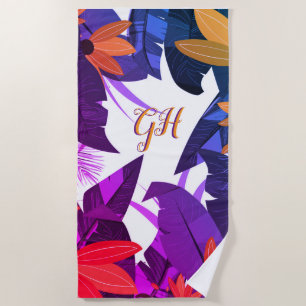 Elegant Tropical Foliage Purple Orange Monogram Beach Towel