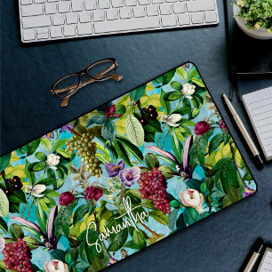 Elegant tropical fruits aqua pattern monogram desk mat