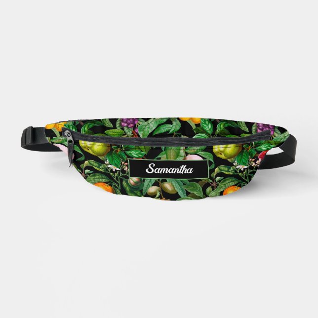 Elegant tropical fruits black pattern monogram bum bags (Front)