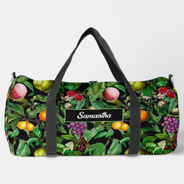 Elegant tropical fruits black pattern monogram duffle bag (Front)