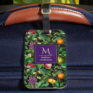 Elegant tropical fruits black pattern monogram luggage tag