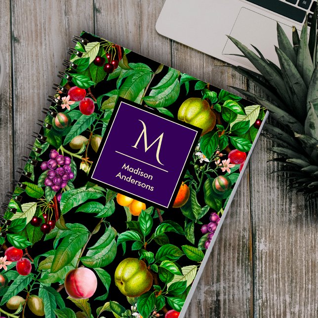 Elegant tropical fruits black pattern monogram notebook (Creator Uploaded)