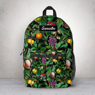 Elegant tropical fruits black pattern monogram printed backpack