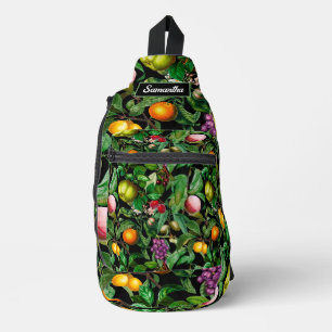 Elegant tropical fruits black pattern monogram sling bag