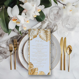 Elegant Tropical Gilded Gold Monstera Wedding Menu