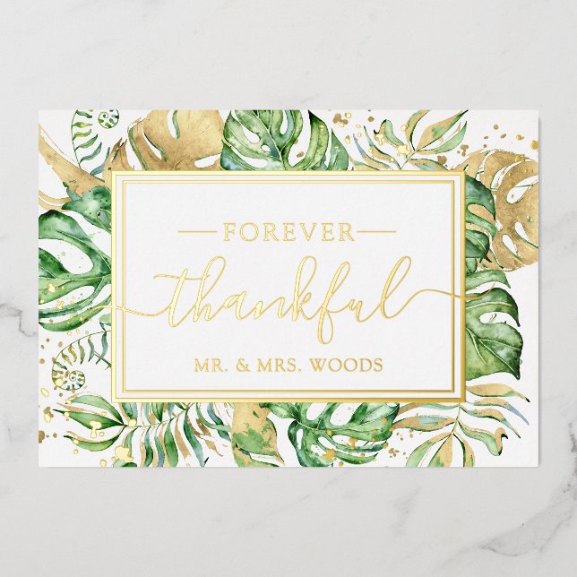Elegant Tropical Gold Foil Wedding Thank You Card (Front)