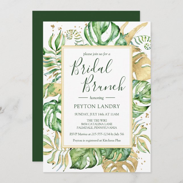 Elegant Tropical Gold Frame Bridal Brunch Shower Invitation (Front/Back)